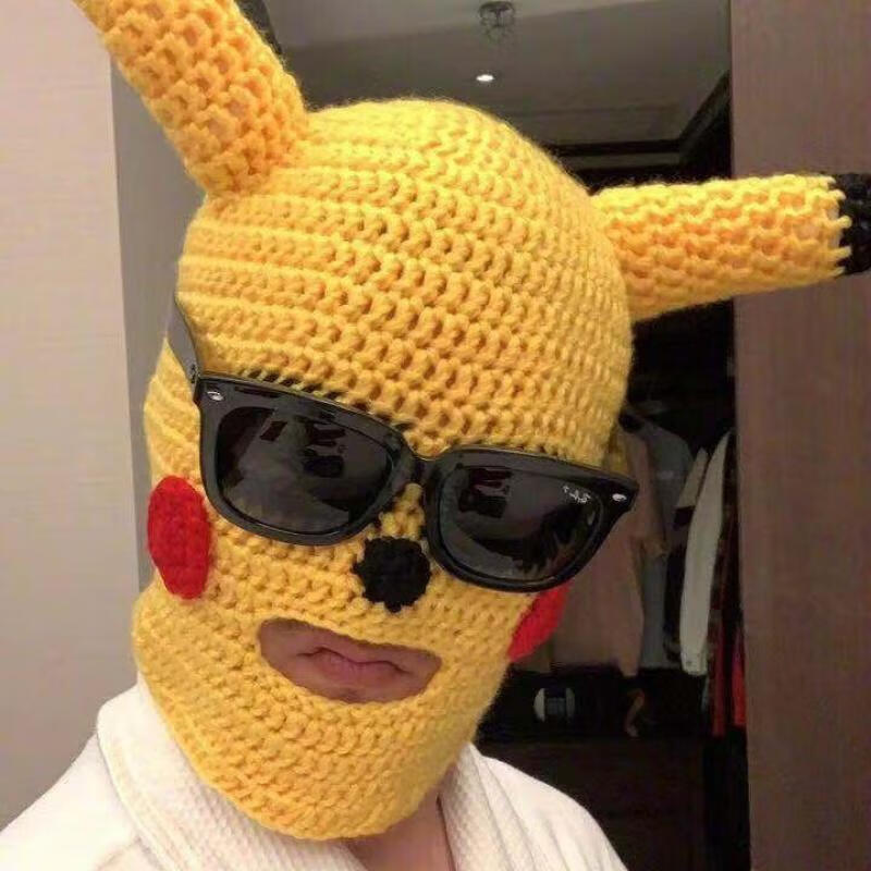 皮卡丘头套搞笑沙雕头套大鹏抖音同款大赢家搞怪毛线针织卡通面罩恶搞