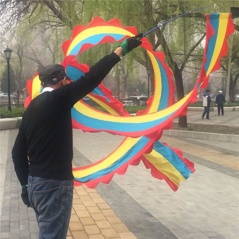 彩带跳舞体操艺术广场舞蹈健身龙长绸伸缩杆飘带成人公园锻炼摇彩绸