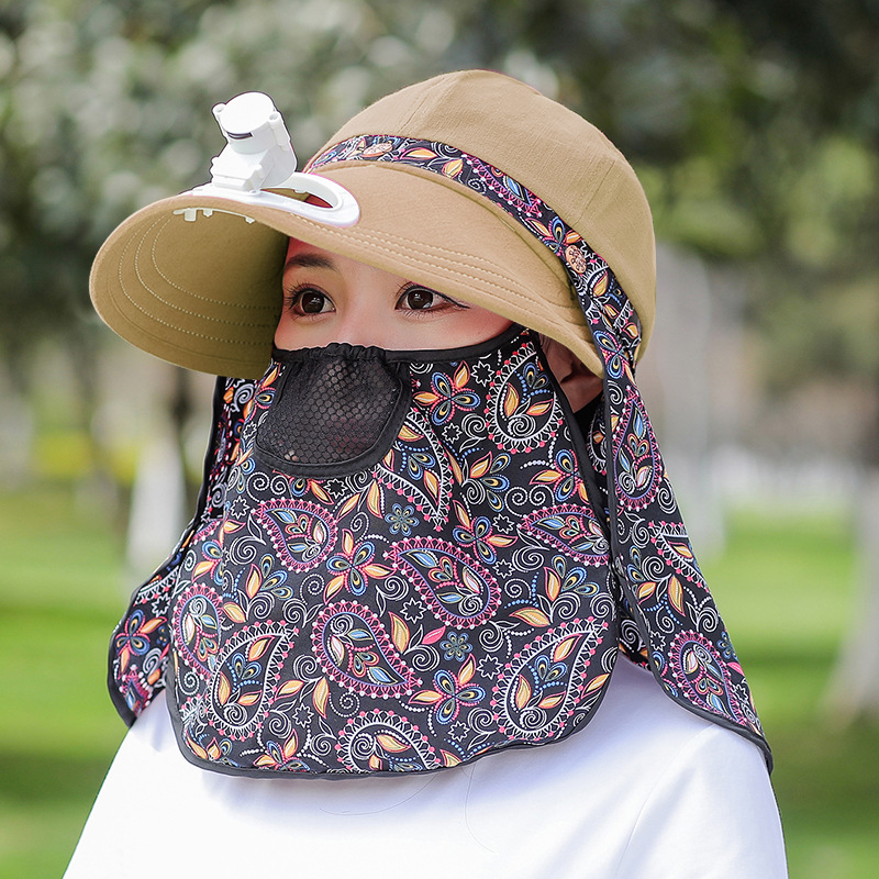 新款田园采茶帽女夏日遮阳防晒防晒遮阳骑行运动碎花带风扇帽子班彼凡
