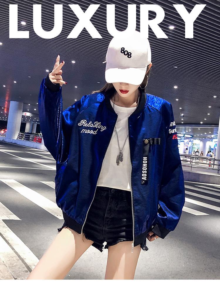秋季棒球服外套女秋新款亮面刺绣嘻哈风棒球服外套女韩版宽松原宿bf风