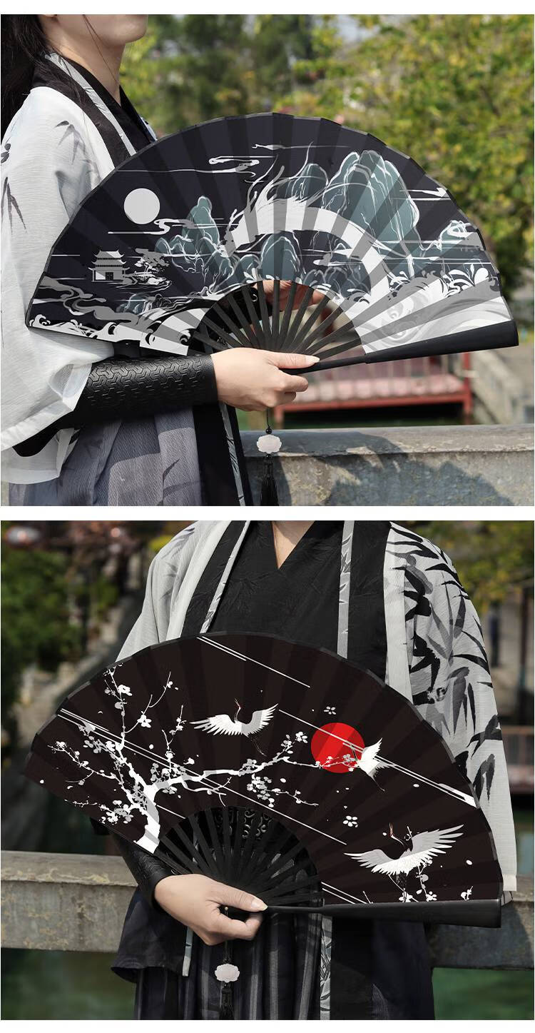 男生折扇古风玉骨男生中国风龙学生霸气黑色折叠扇30cm双面夏季竹扇风