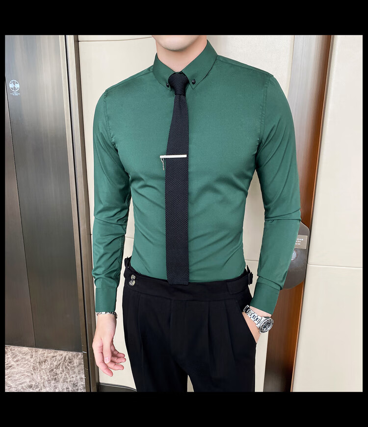 青邦春夏新款修身男士纯色长袖衬衫型男正常收腰打底衫发型师衬衣白色