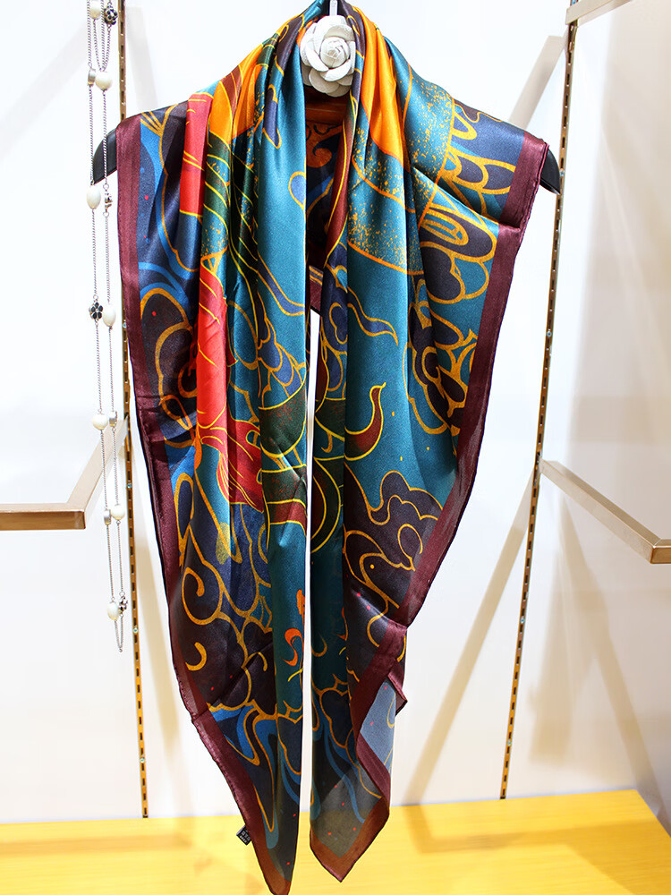 敦煌飞天祥云中国风真丝丝巾素缎110大方巾杭州礼品披肩围巾女士敦煌