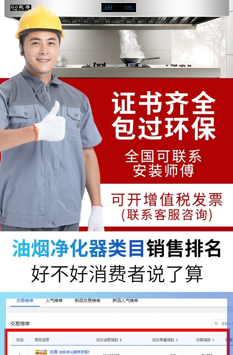 乾尊油烟净化一体机商用油烟净化器静电式饭店酒店餐馆食堂内循环变径