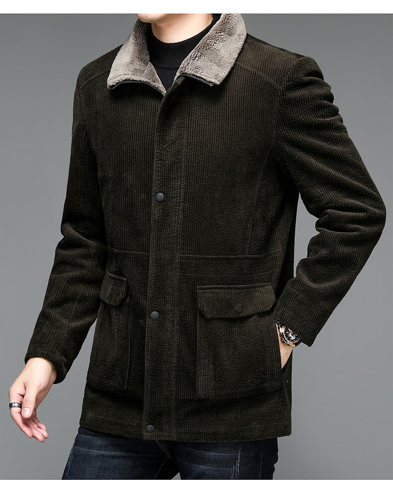 皮尔卡丹品牌高档男装纯棉灯芯绒外套男翻领冬季加绒加厚中年爸爸羊羔
