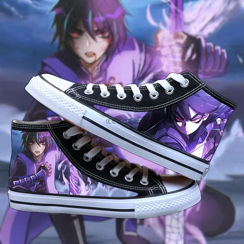 儿童动漫涂鸦鞋子平底男孩帆布鞋高帮少年卡通刺客伍六七图案手绘学生