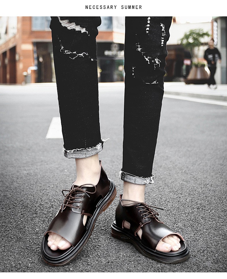 男士凉鞋子外穿有鞋带透气沙滩鞋2022新款中青年系带鱼嘴凉鞋品质定制