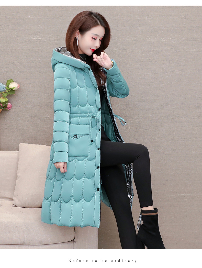 羽绒服女2021冬季新款亮面外套女中长款2021冬季新款韩版保暖连帽青色