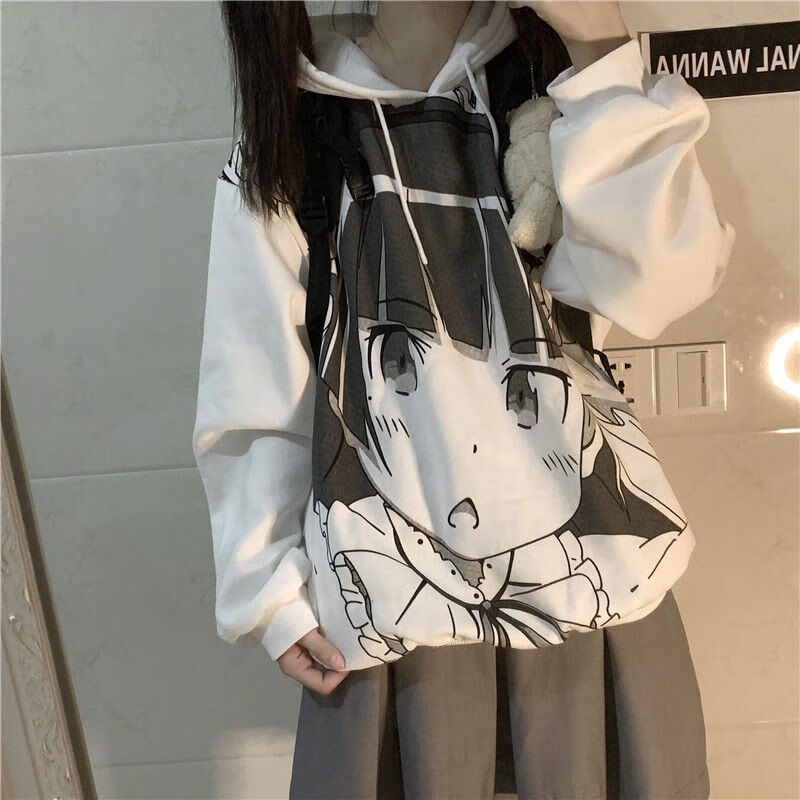 女百搭潮款漫画连帽学生卫衣女加绒加厚韩版秋冬宽松长袖上衣服ins潮
