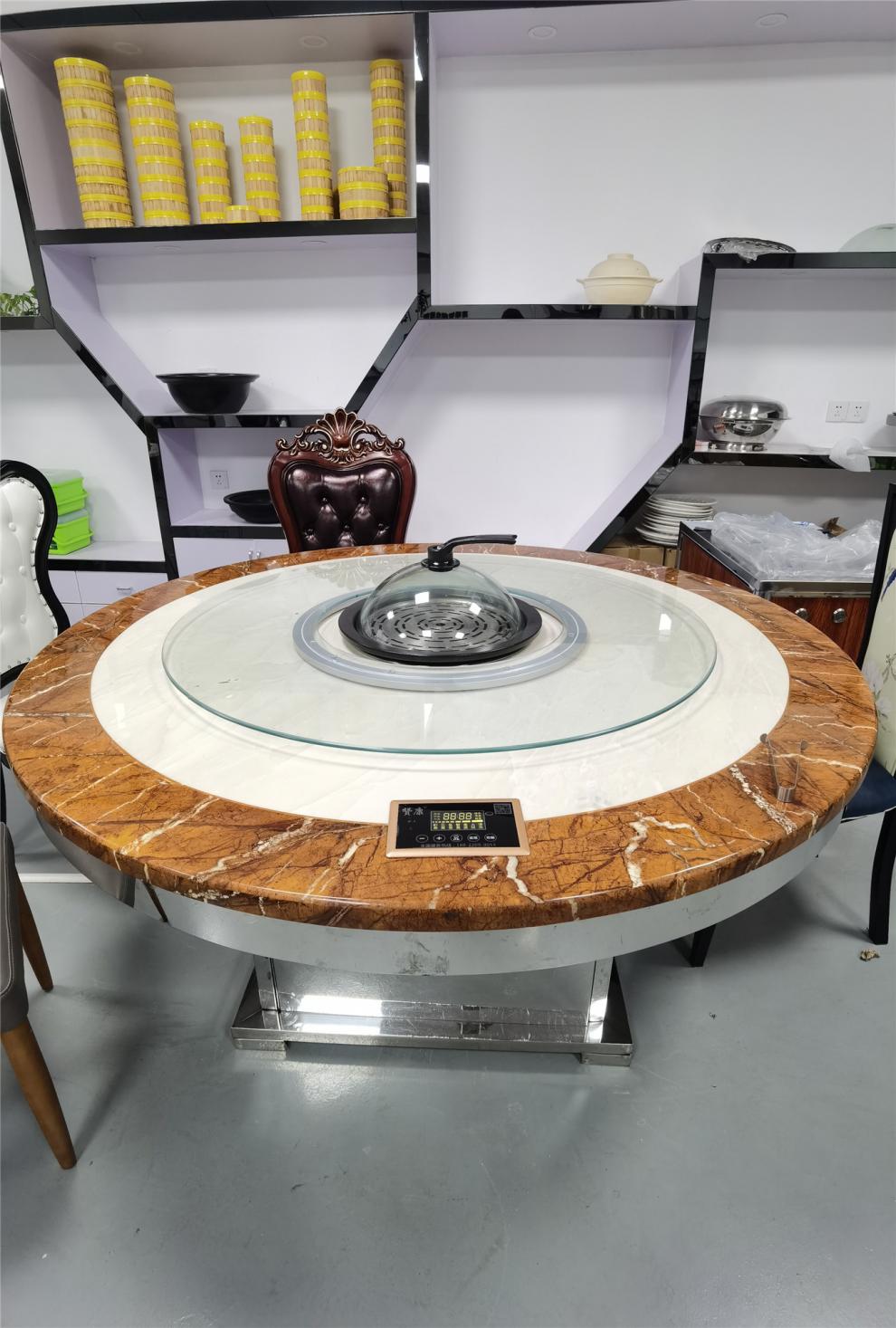 海鲜蒸汽锅餐桌 商用蒸汽海鲜锅桌子定做大理石餐桌炭烧实木圆桌上蒸
