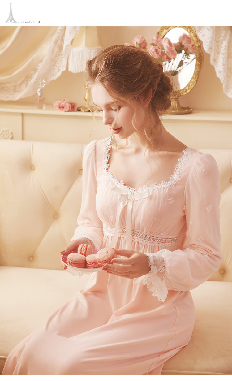 tree公主睡裙女春秋款长袖长款蕾丝甜美性感宫廷风睡衣带胸垫浅粉色xs