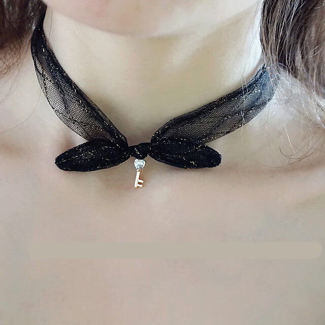 韩国脖子装饰项链项圈女颈带蝴蝶结蕾丝锁骨链仙脖颈链chocker黑色