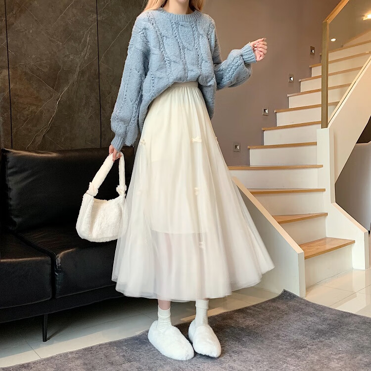 高腰显瘦网纱裙女中长款过膝半身百褶a字仙女裙子雁皇搭配杏色均码