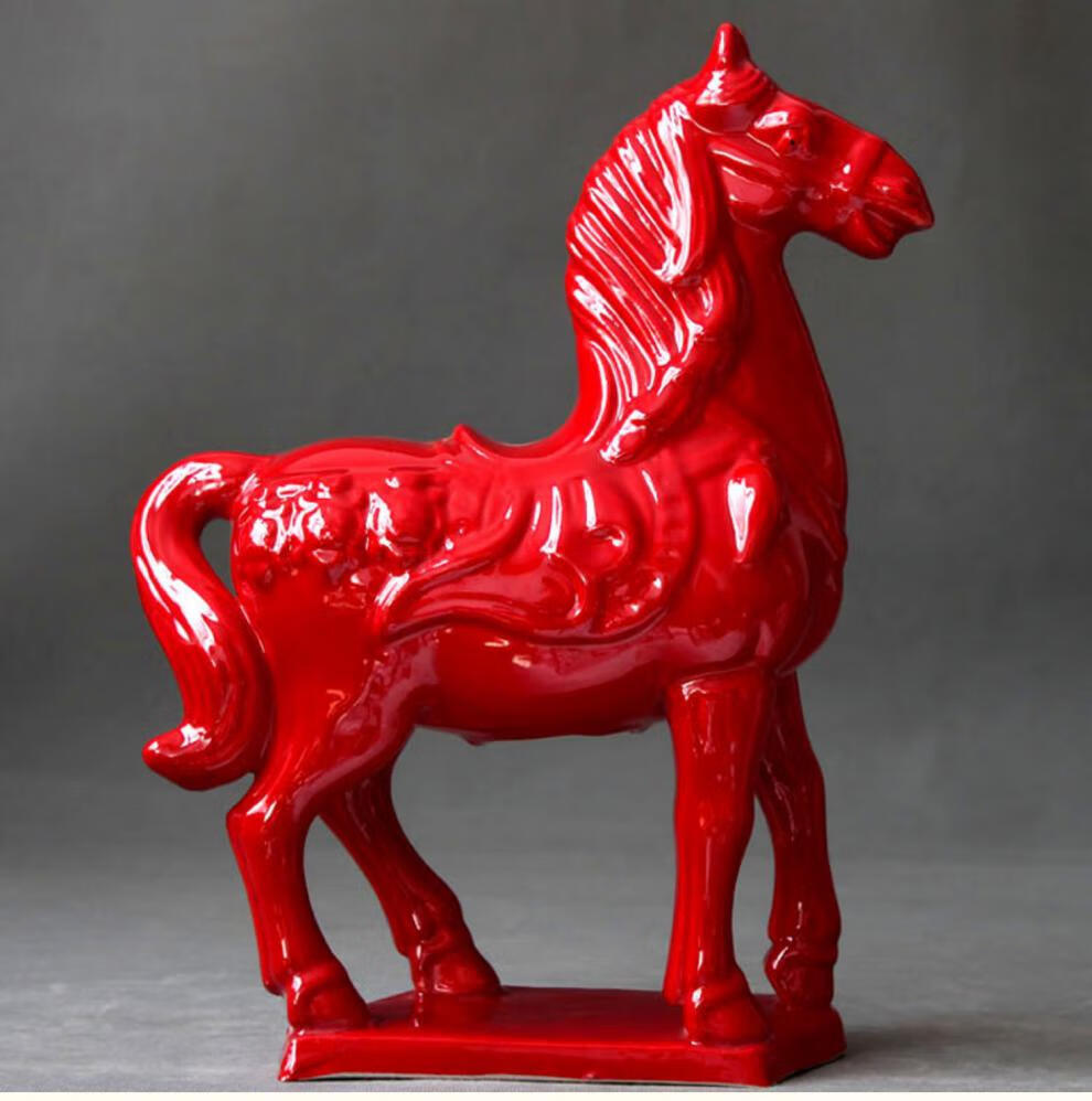 薰然陶瓷马摆件红色办公室客厅装饰品财风水唐三彩大红马工艺品礼品