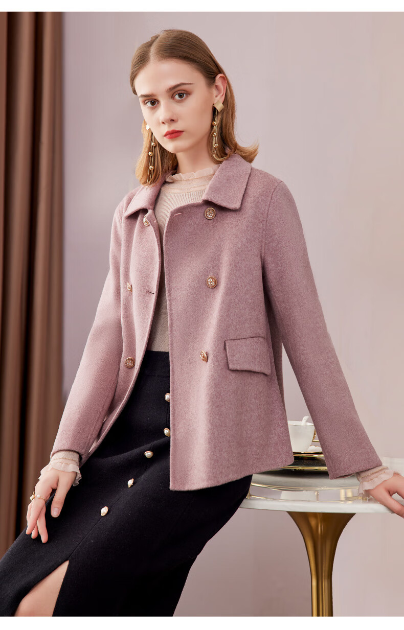 亦朵秋冬季款双面羊绒大衣女2021年新款小个子短款毛呢小外套浅绯色m