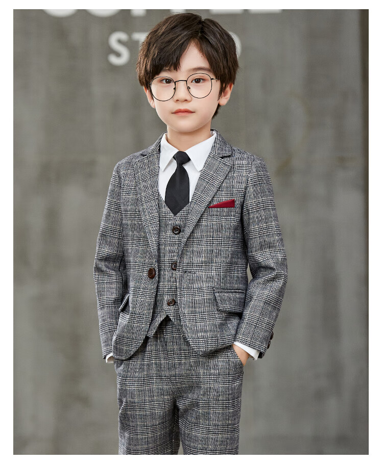 儿童宝宝春秋帅气外套灰色西装灰色裤子灰色马甲白衬衫领带加绒加170