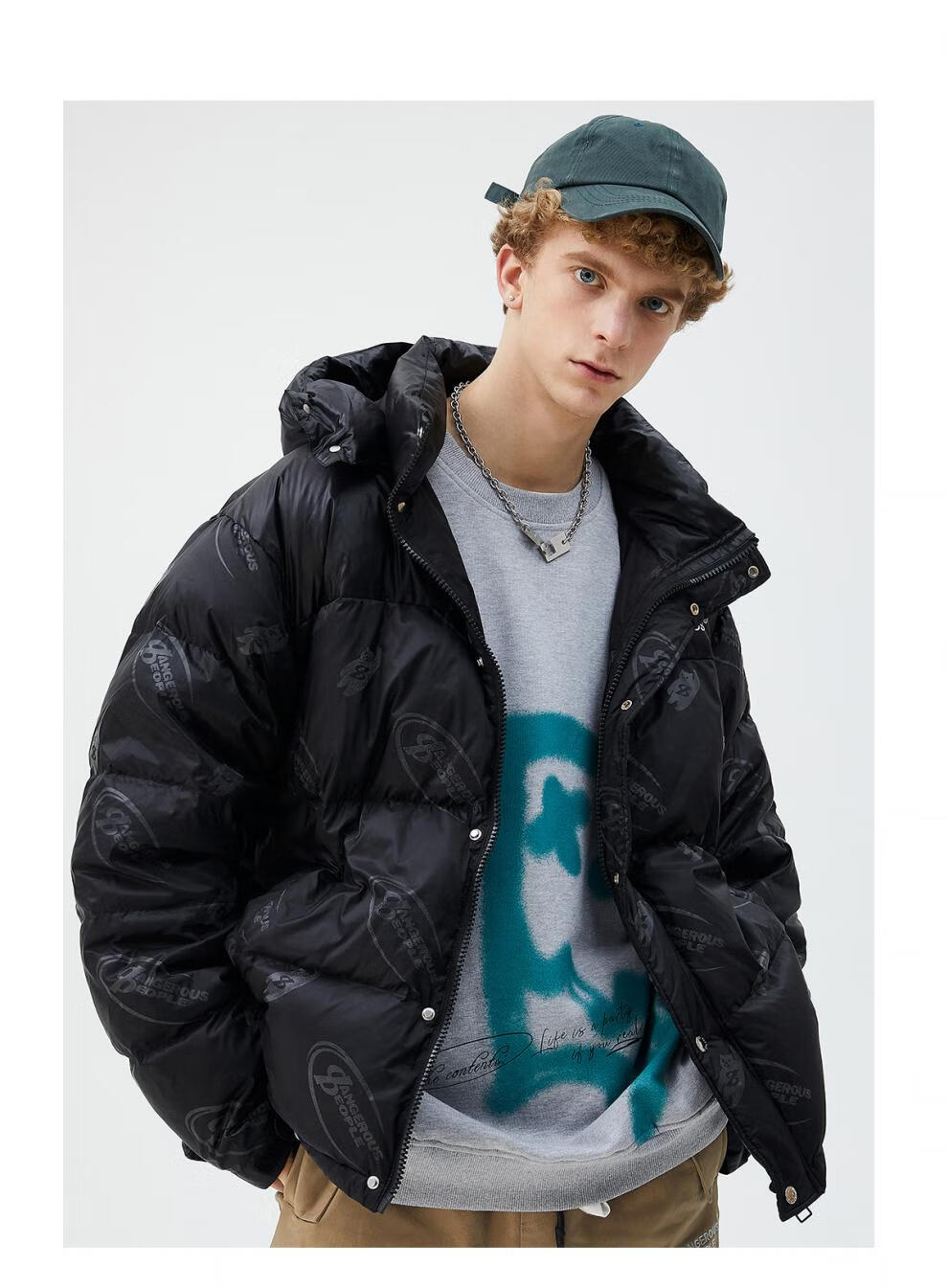 dangerouspeople薛之谦dsp反光羽绒服满印字母潮男女秋冬保暖外套黑色