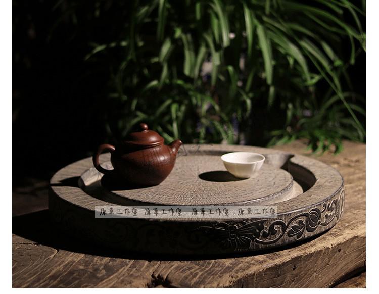 原莱 青石整石雕刻仿古老茶盘 茶道家用石头流水茶台中式茶席摆件