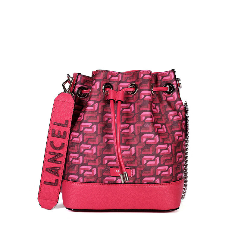 lancel兰姿新款女包lancelgram水桶包印花牛皮单肩斜挎包桃红色
