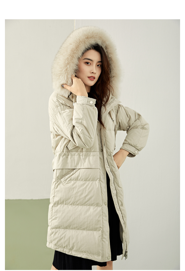紫淑大毛领羽绒服女中长款过膝2021冬新款工装时尚韩版白鸭绒外套米杏