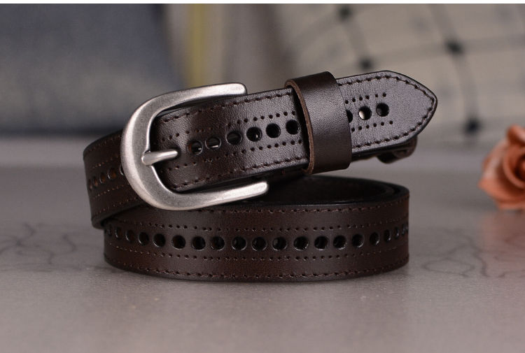 精选现发免打孔镂空皮带女士真皮纯头层牛皮韩版学生针扣休闲腰带带哈