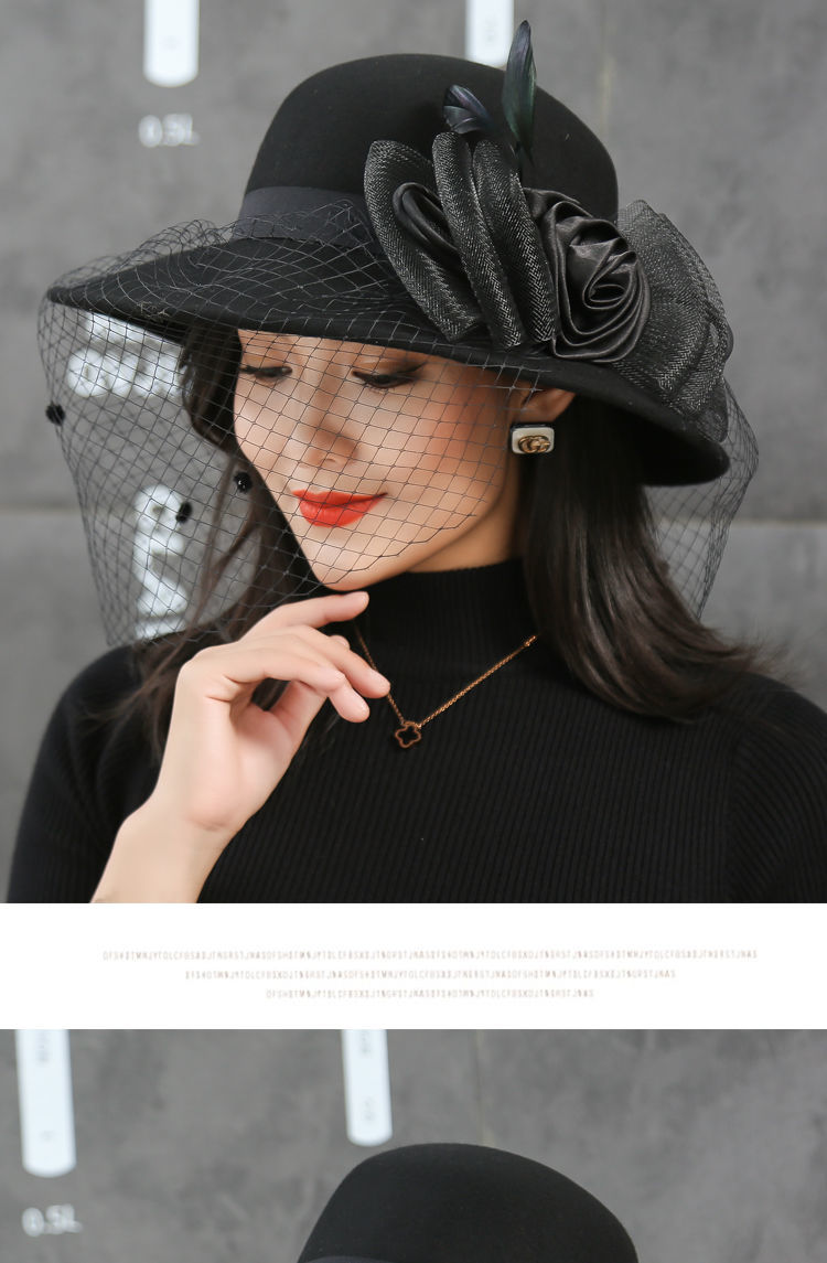 黑色羽毛帽子女冬季 时尚网纱百搭仿羊毛呢名媛复古礼帽女网纱英伦 偏