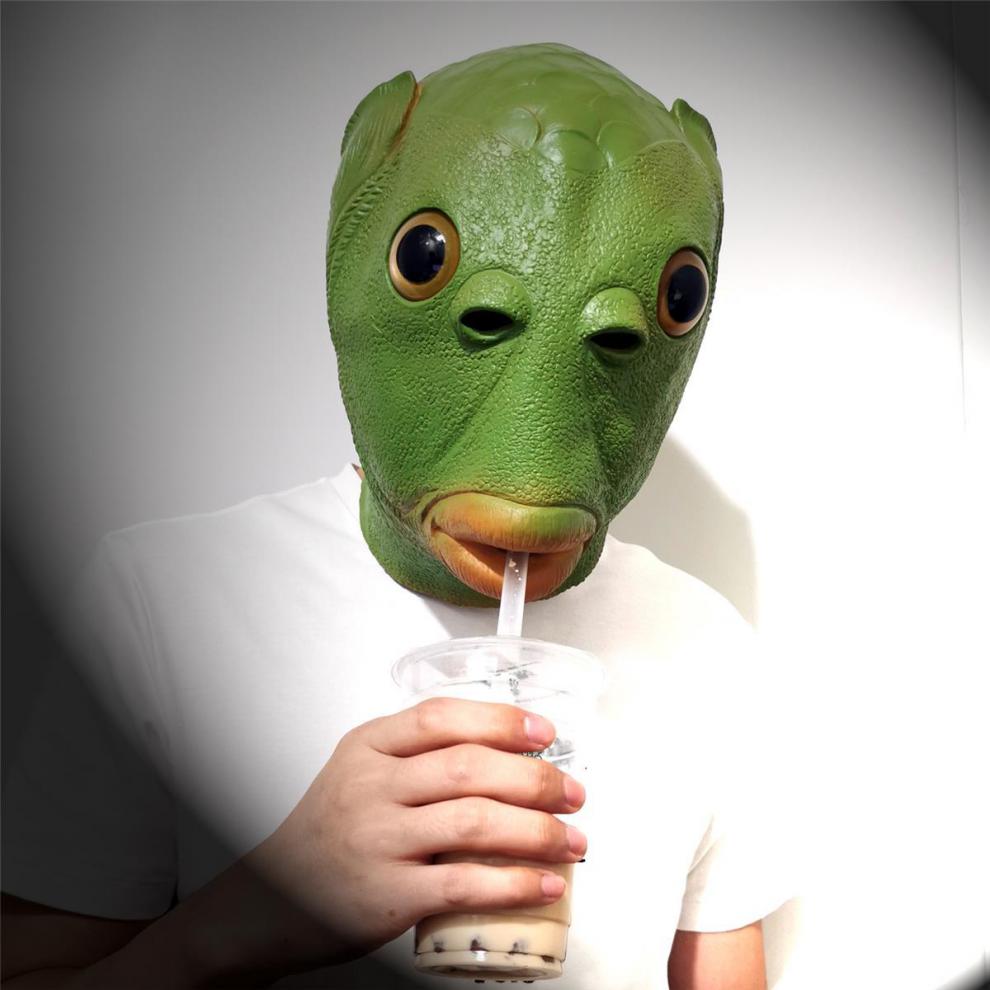 现货直发鱼人头套绿头怪面具抖音搞怪搞笑动物鱼头套可爱万圣节表演