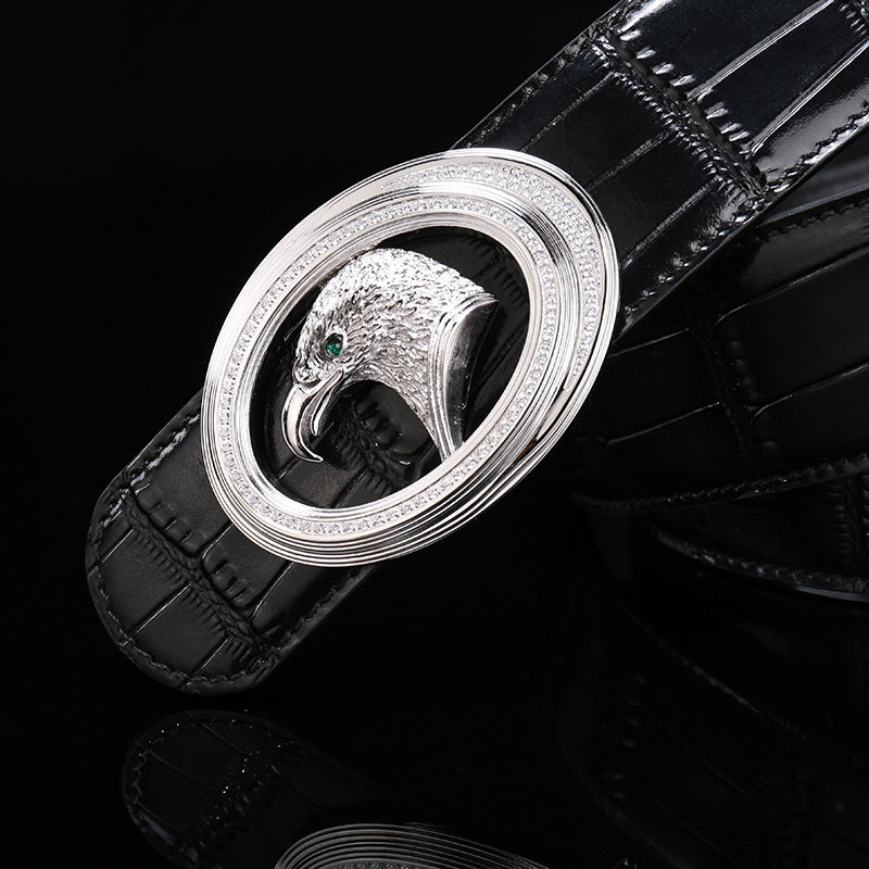 helens史蒂芬男士皮带钢镶钻鹰头平滑扣个性时尚韩版潮流真牛皮腰带金