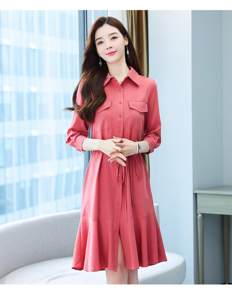 始茶带领子的长袖连衣裙有领反领裙子女春秋新款显瘦长裙遮肚子长款