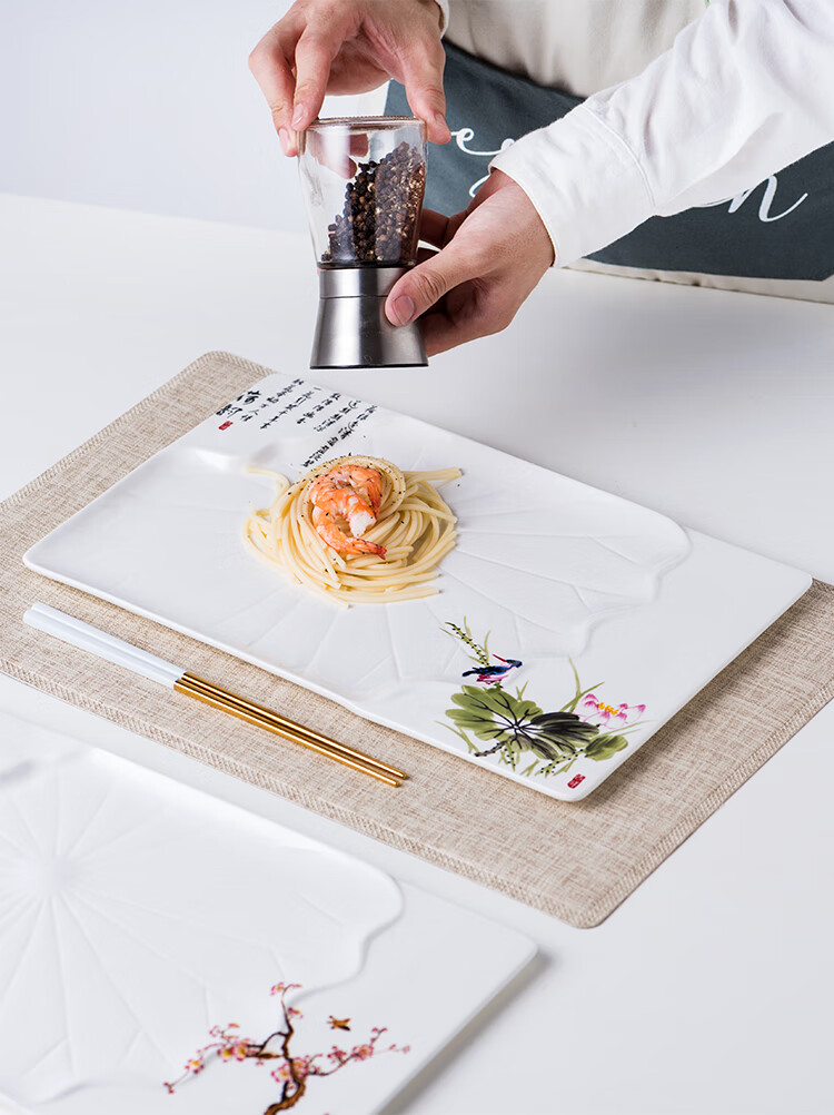 酒店餐具陶瓷盘子创意个性长方形荷花西餐盘餐厅碟子特色菜盘家用屿龙