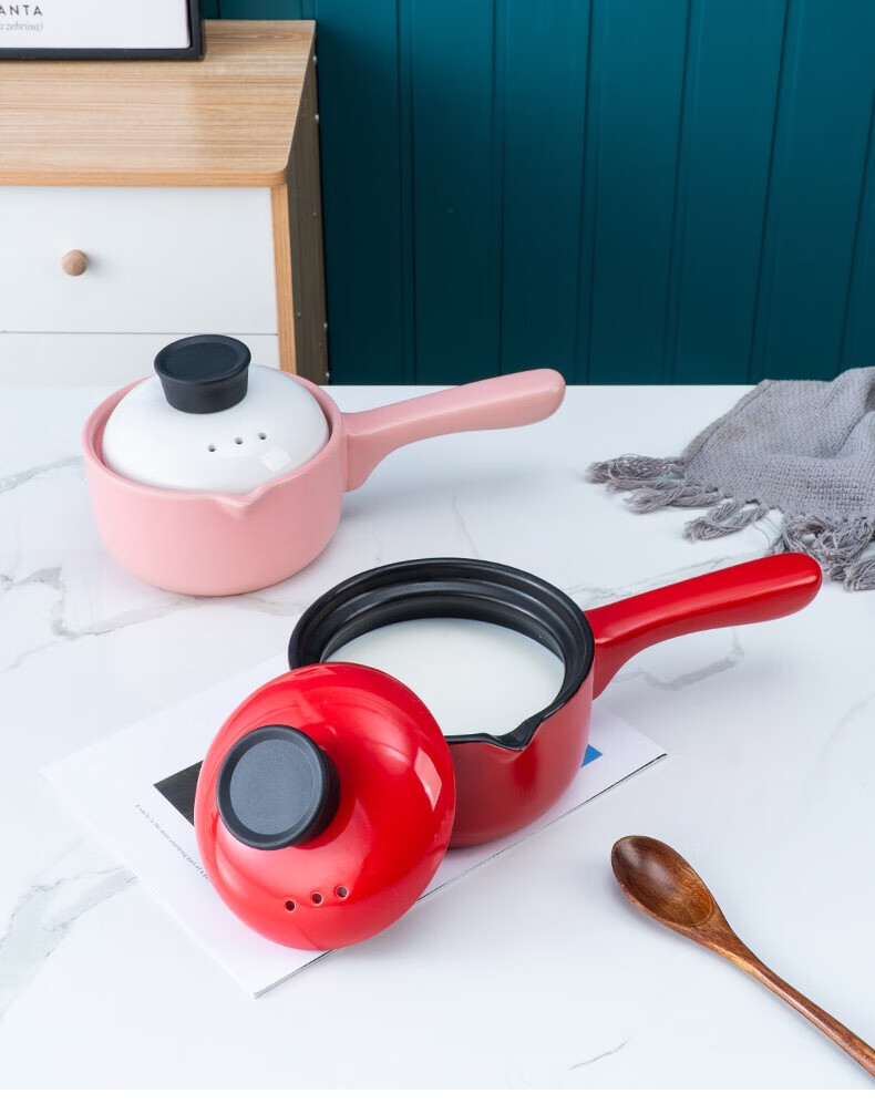 无涂层砂锅陶瓷奶锅小婴儿宝宝辅食锅煮粥明火家用小锅燃气灶适用红色