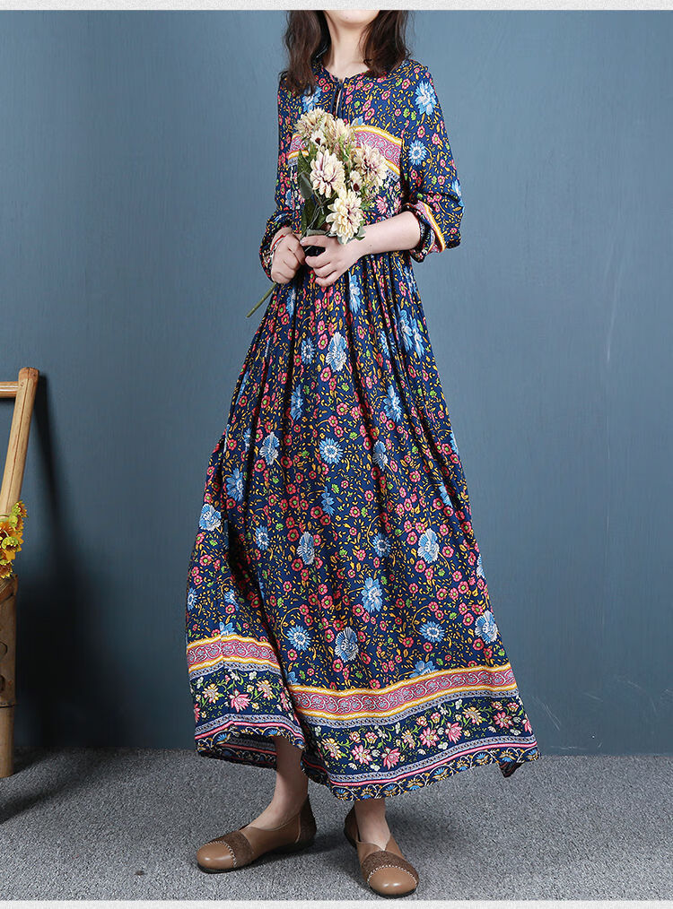 印花连衣裙女春夏季长款大摆裙宽松波西米亚长裙子红色l120135斤左右