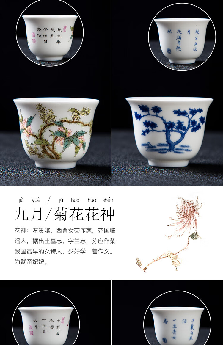 十二花神杯 民间艺人粉彩青花瓷十二花神杯套装景德镇陶瓷功夫茶杯
