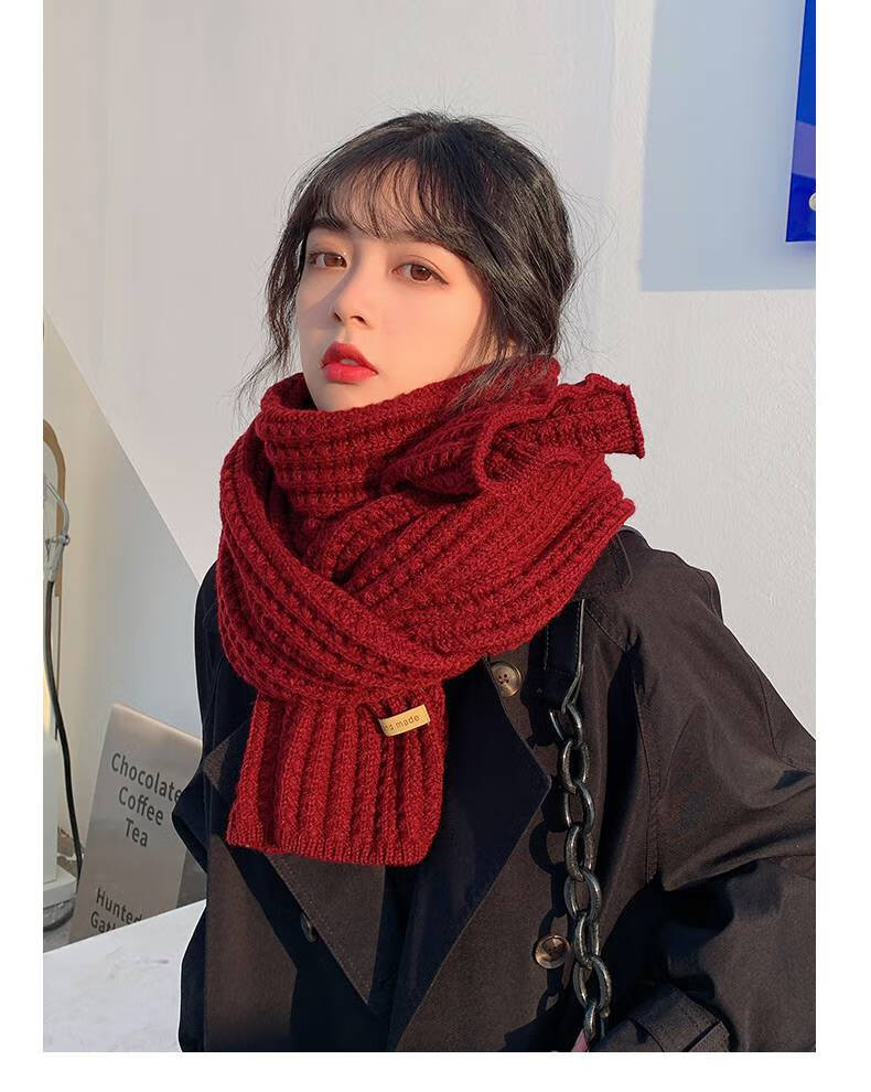 围巾女可爱ins潮学生情侣21年秋冬季围脖户外百搭保暖冬装酒红麻花款
