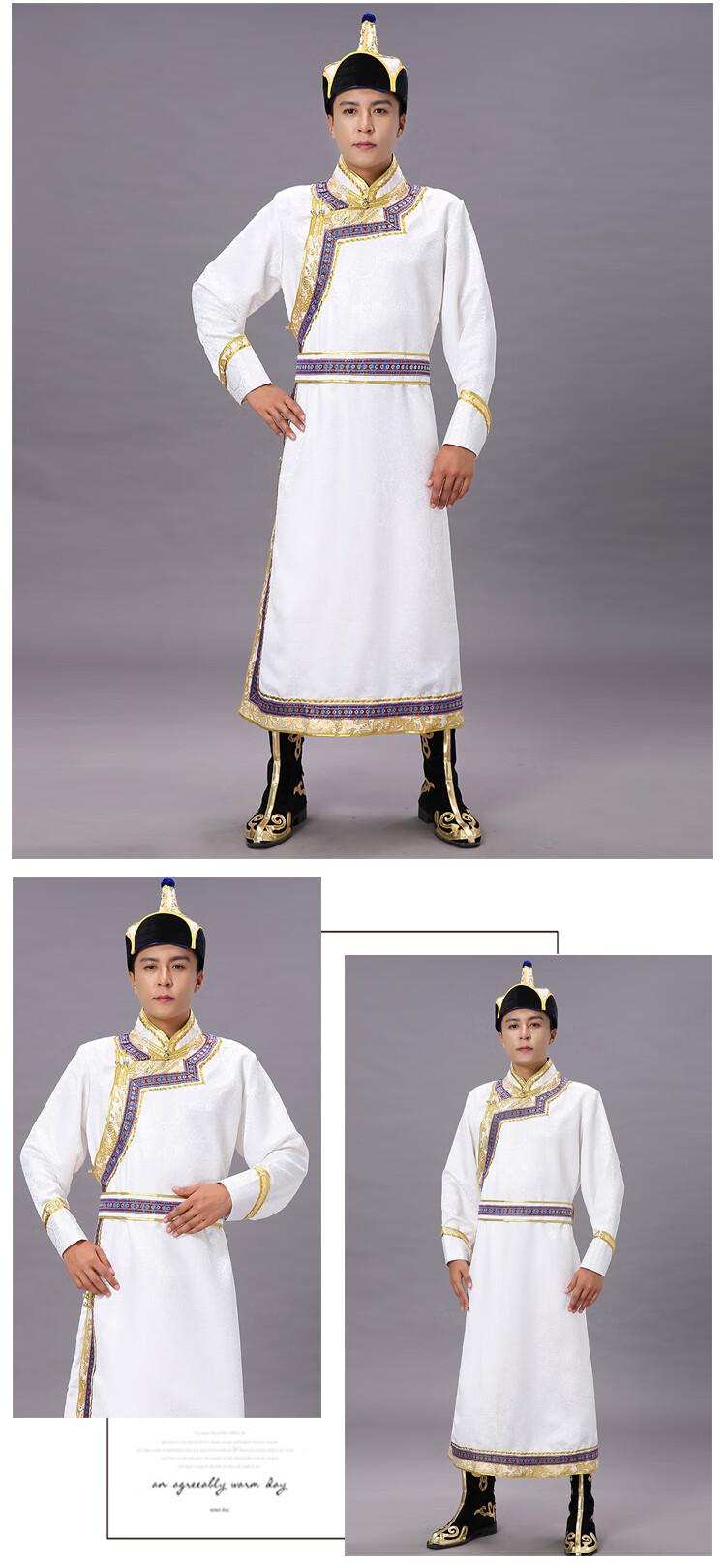蒙古族服装男士蒙古袍传统日常生活装演出蒙古婚礼服装蒙古衣服 白色
