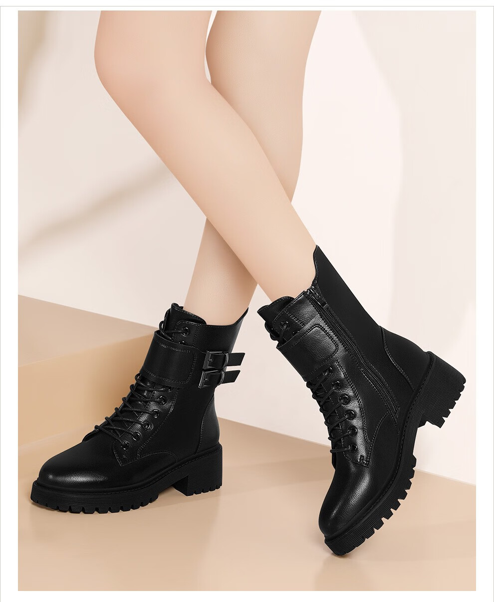 粗跟短靴子时尚潮工装靴女士短靴单内里橡胶底js0117071双扣黑色35
