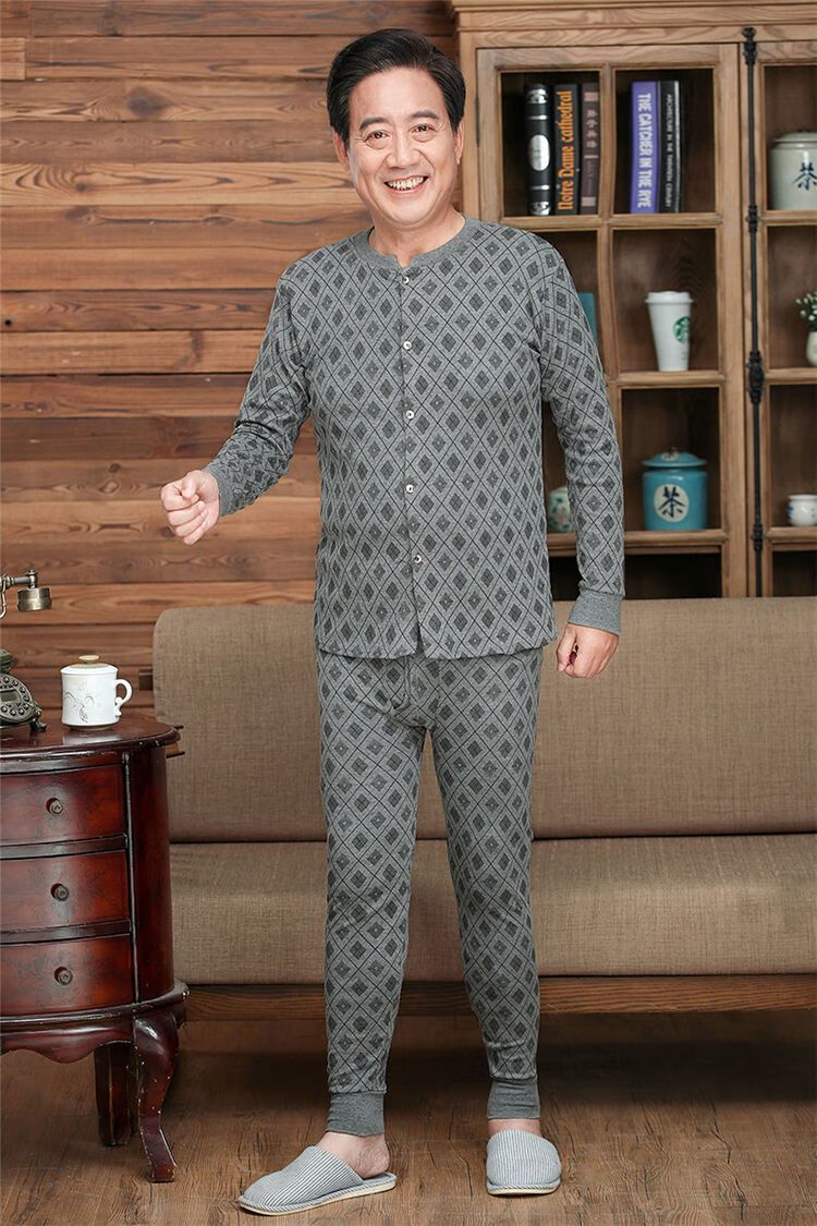 开衫中老年保暖内衣男套装纯棉老年人秋衣秋裤开襟毛衫对襟打底衣全身