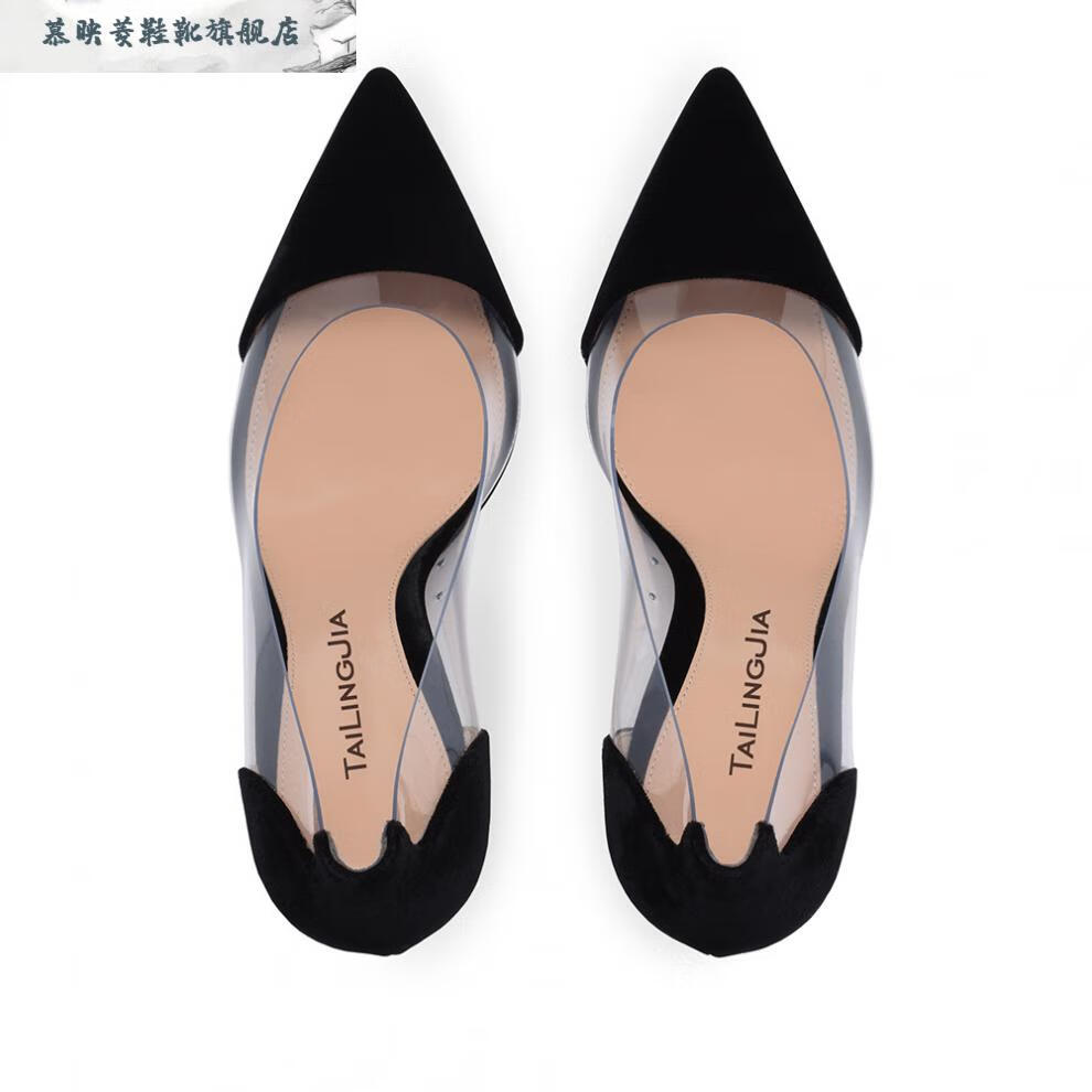 红底高跟鞋12cm床上高跟鞋女细跟红色底10cm尖头反绒pvc透明浅口单鞋