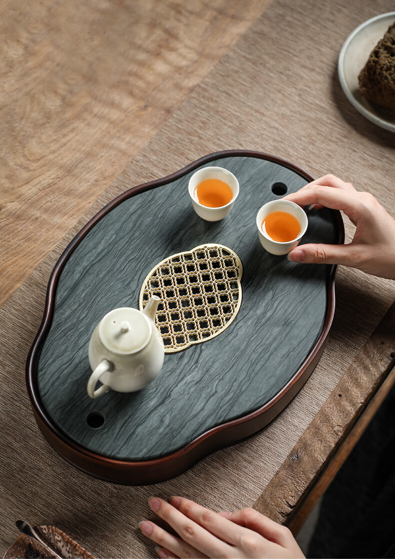 乌金石茶盘家用蓄水竹制干泡小茶台小型轻奢现代盘托小茶盘一人用乌金