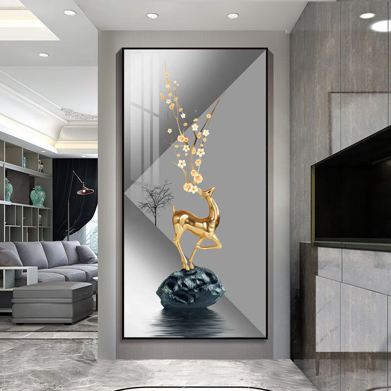 迎新必备北欧入户玄关装饰画轻奢大气走廊过道竖版壁画抽象客厅麋鹿晶