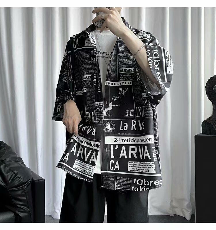 五分袖男报纸衬衫男短袖日系文艺宽松坠感夏季免烫皱花衬衣学生半袖五