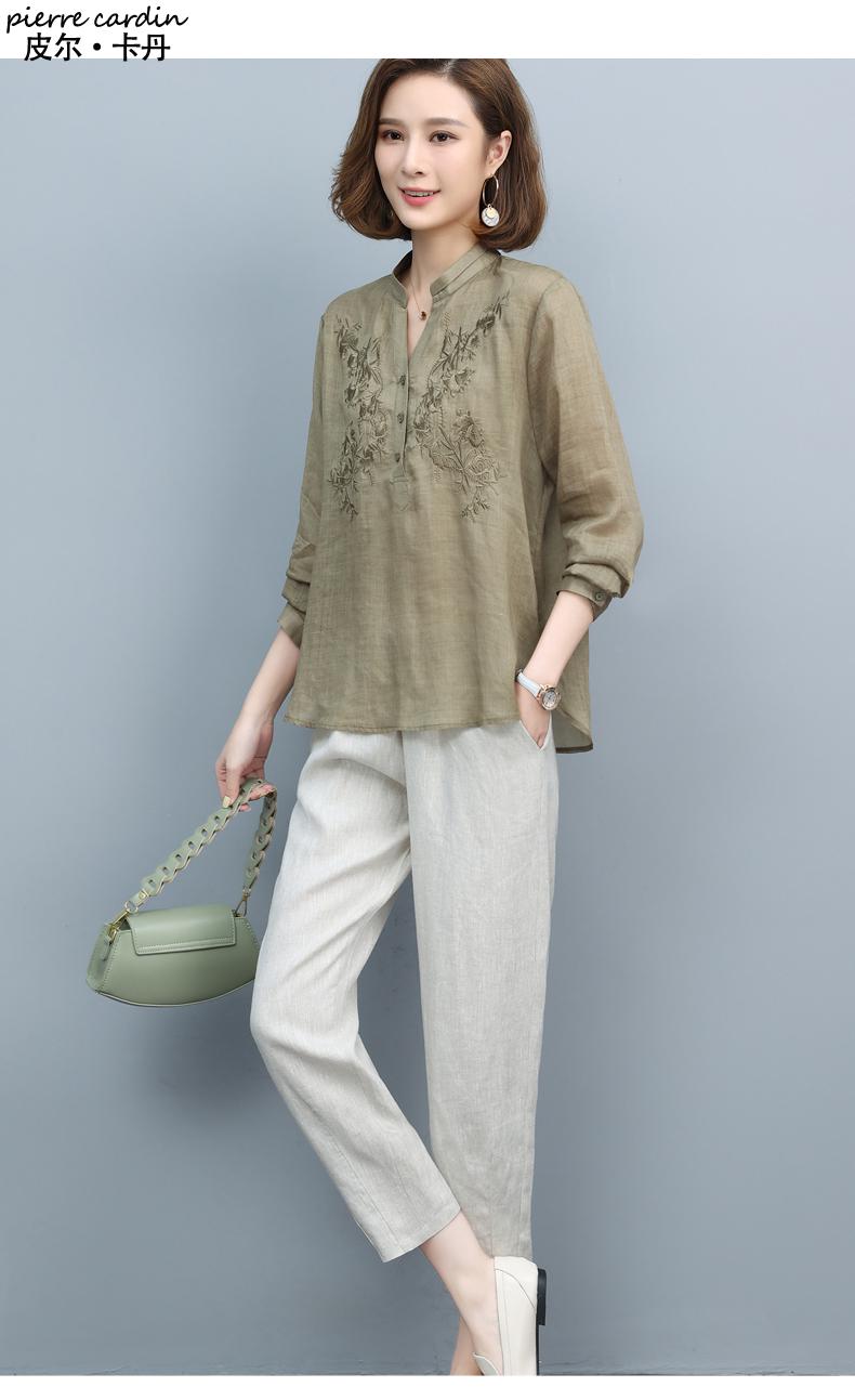 皮尔卡丹品牌高档女装中老年妈妈春装棉麻套装新款春夏上衣中年妇女装