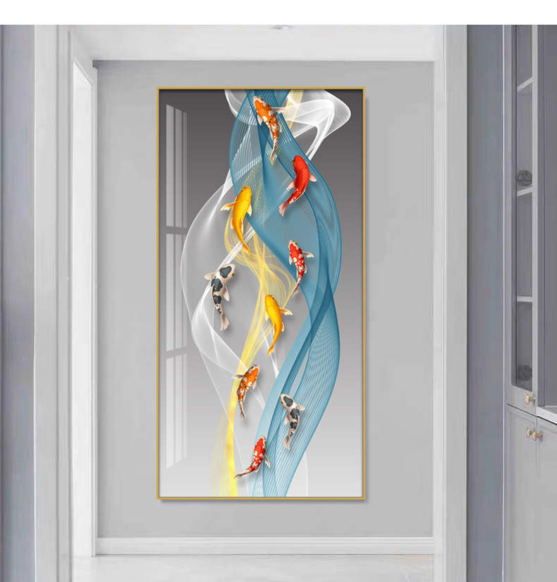 九鱼图现代镶钻晶瓷壁画九鱼t91150100铝合金属画框土豪金色晶瓷工艺