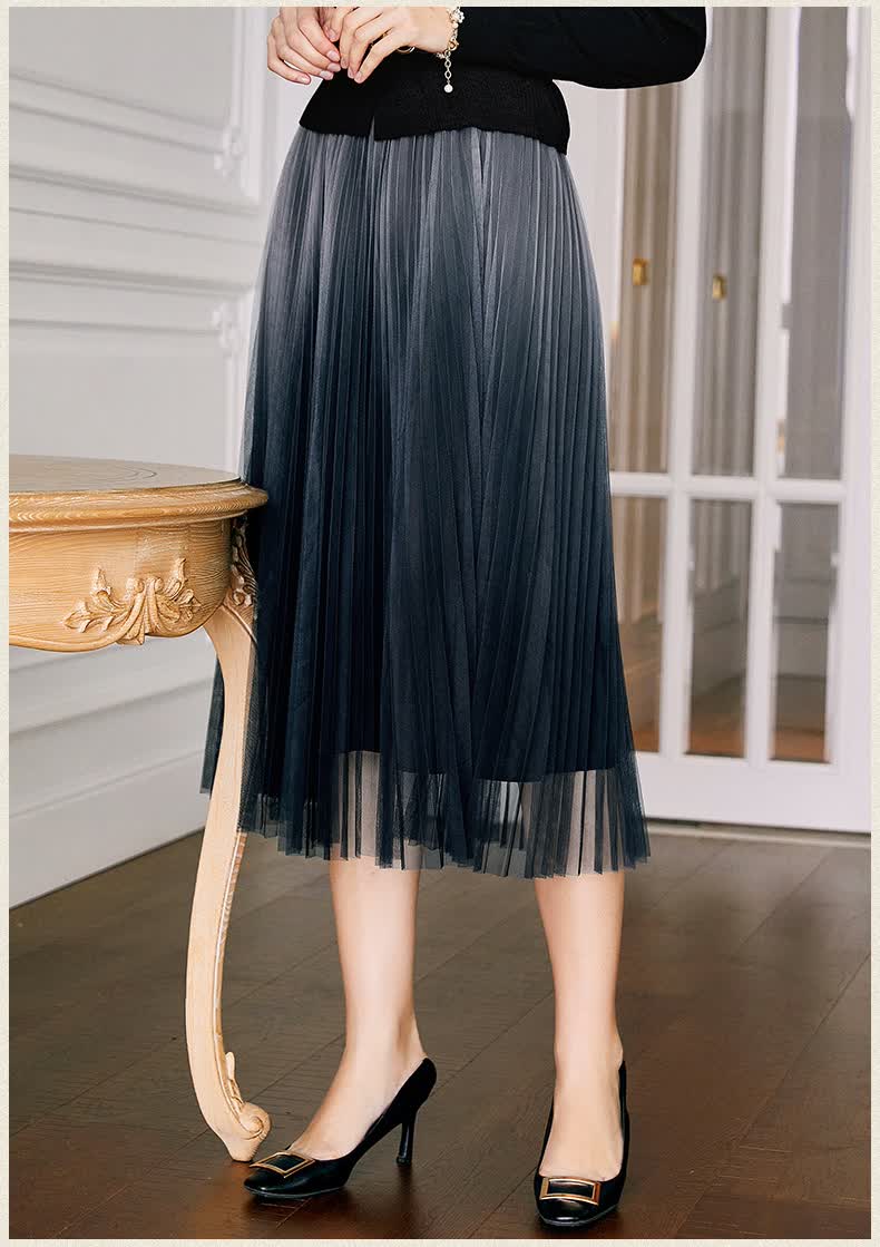 蓝色百褶裙2021年秋季新款a字半身裙时尚百搭显瘦中长款网纱裙女深蓝