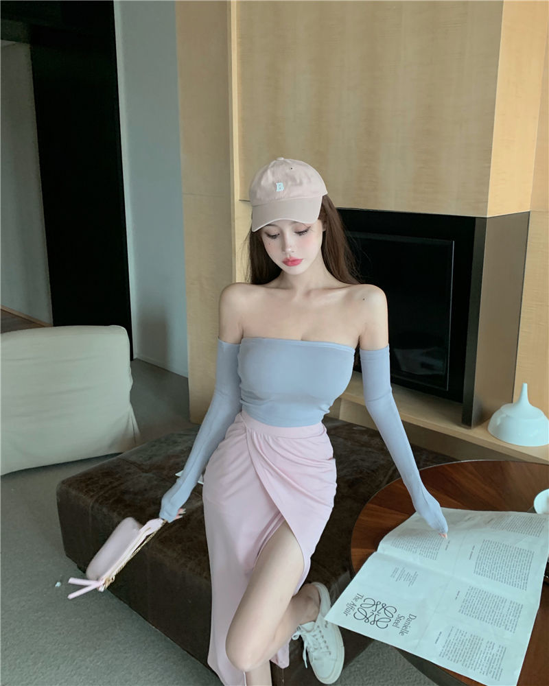 一字肩长袖抹胸女外穿修身显瘦短款露脐裹胸内搭辣妹性感上衣碳灰色