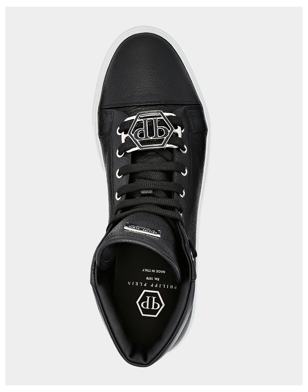 philippplein菲利普普兰男士皮革金属徽标运动休闲鞋高帮男鞋黑色425