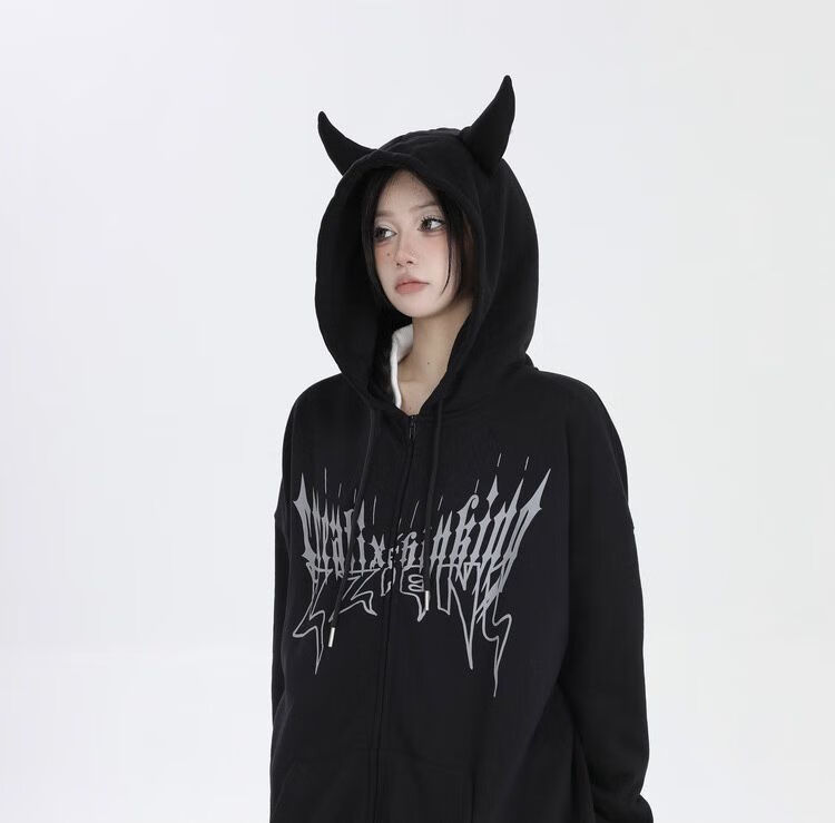 凯罗盾(kailuodun)小恶魔卫衣 原创高街暗黑恶魔拉链外套女慵懒风情侣