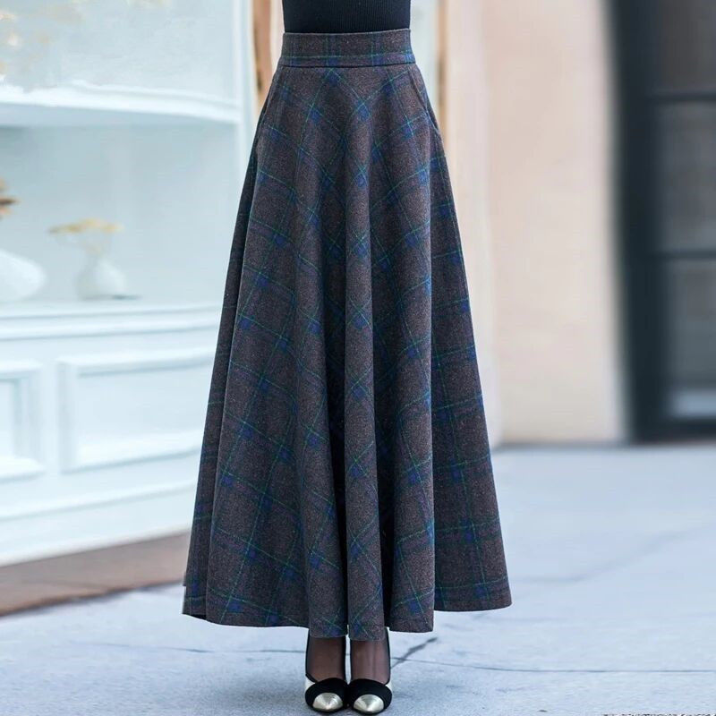 秋冬季半身裙女秋冬毛呢格子中长裙女复古新款半身裙a字大摆裙高腰