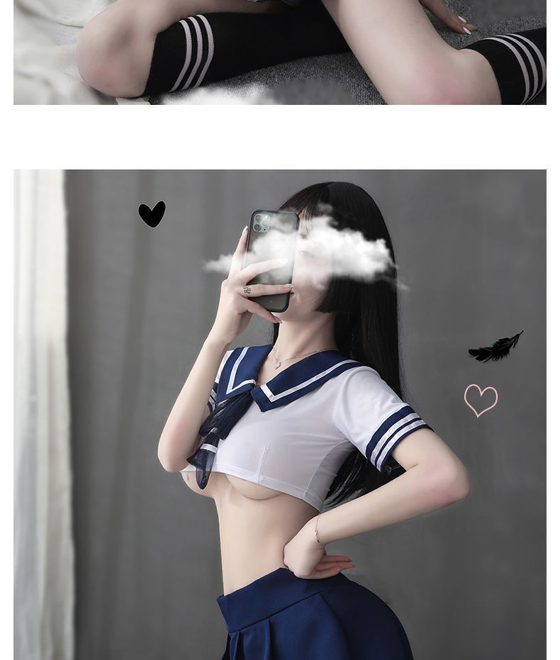 pbmr超水手服诱惑学生制服性感装兔女郎套装女蓝色上衣短裙丝袜均码