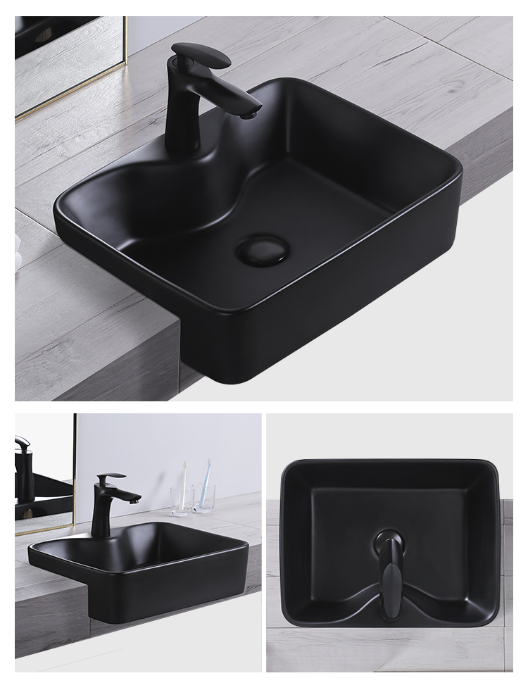 新款半嵌入式台盆方形陶瓷洗脸盆卫生间黑色窄宽台上盆洗手盆半挂台盆
